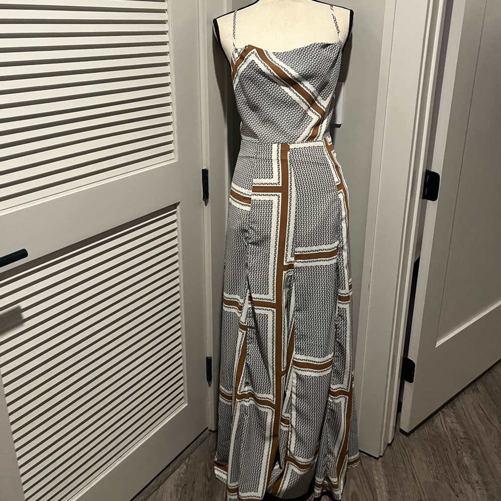Aakaa White and Brown Geometric Spaghetti-Strap Maxi Dress